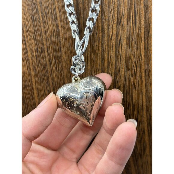 Sterling Silver Rope Necklace and Puffed Heart Pendant 18" Chain Link 52 Grams - Picture 9 of 10